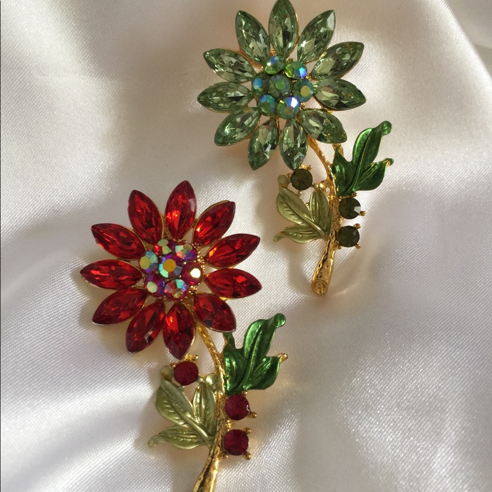 New! 2-Set of Crystal Holiday Flower Broaches
